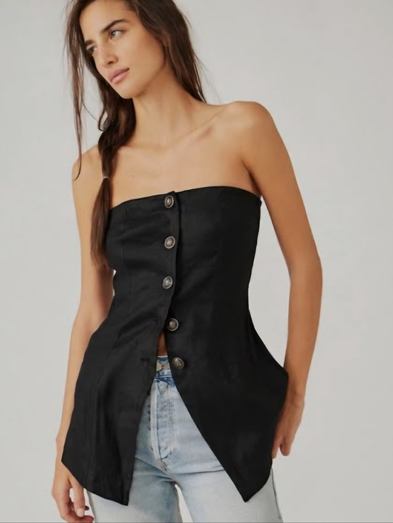 Free People Tops - FREE PEOPLE Between Us Black Linen Blend Asymetrical Sweetheart Corset Top SZ S